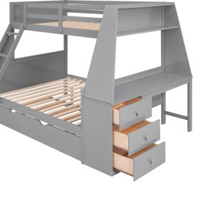 Twin over Full Bunk Bed with Trundle and Built-in Desk, Three Storage Drawers and Shelf