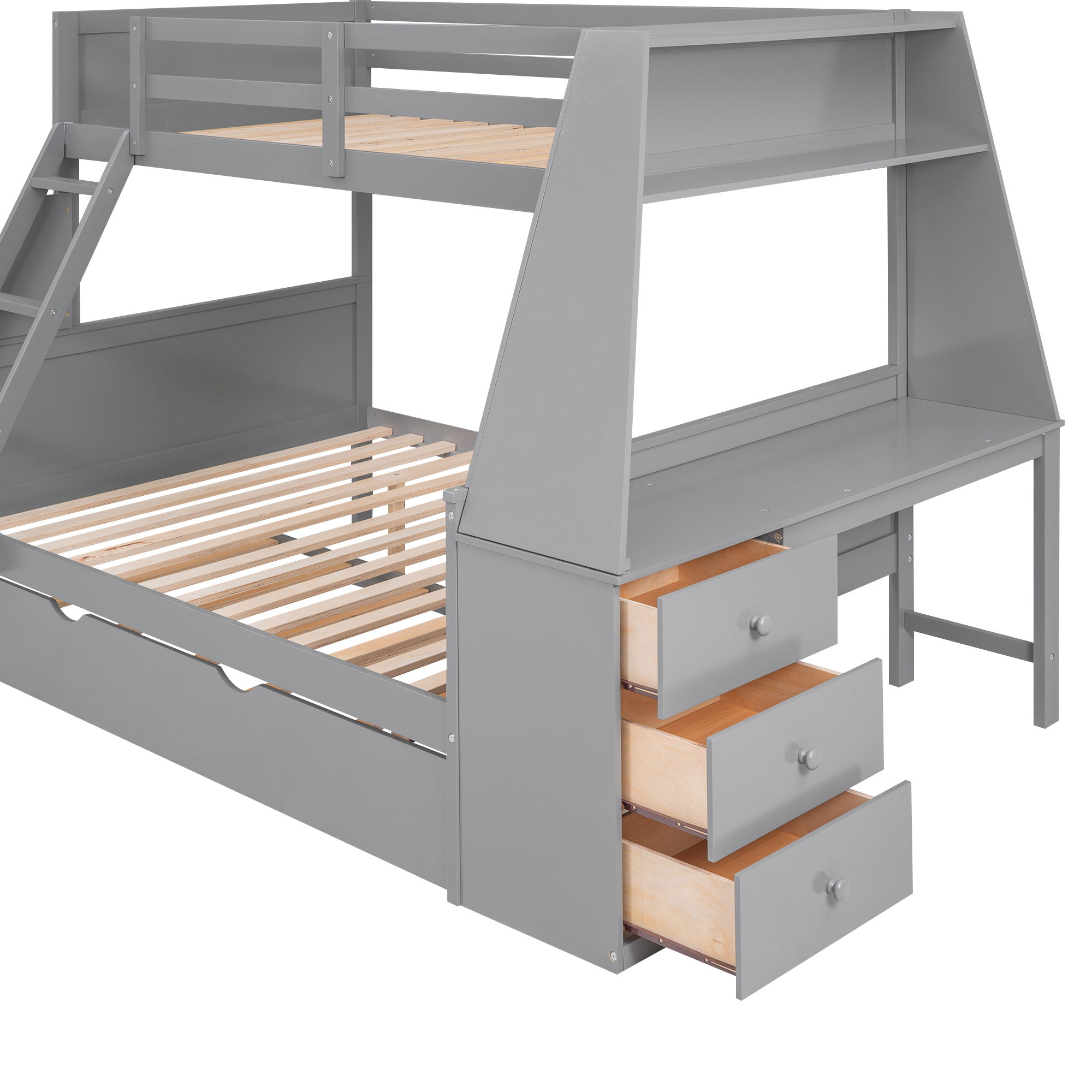 Twin over Full Bunk Bed with Trundle and Built-in Desk, Three Storage Drawers and Shelf
