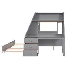 Twin over Full Bunk Bed with Trundle and Built-in Desk, Three Storage Drawers and Shelf