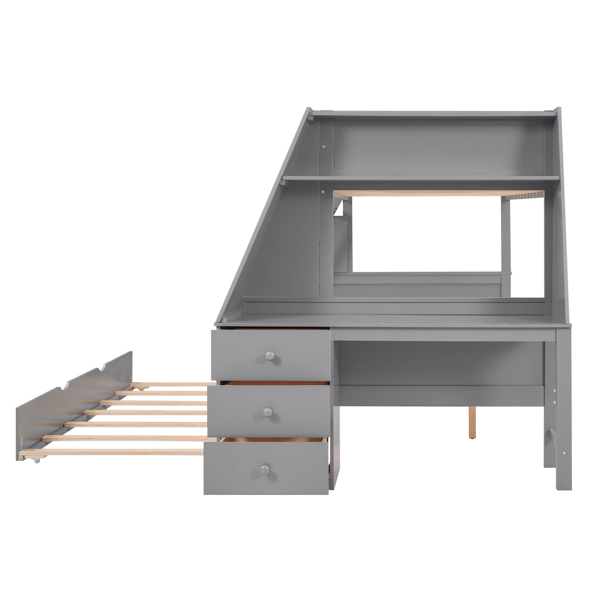 Twin over Full Bunk Bed with Trundle and Built-in Desk, Three Storage Drawers and Shelf