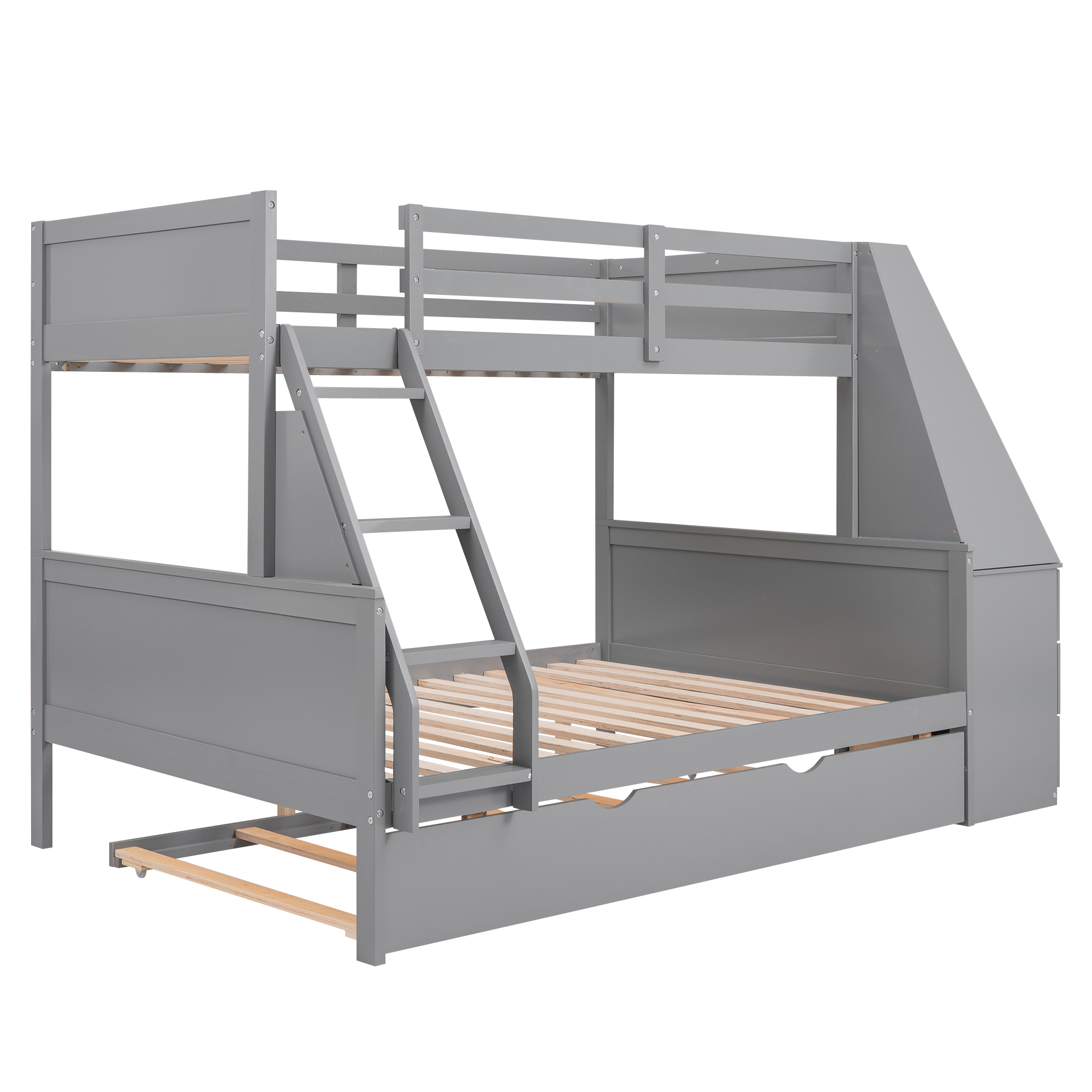 Twin over Full Bunk Bed with Trundle and Built-in Desk, Three Storage Drawers and Shelf