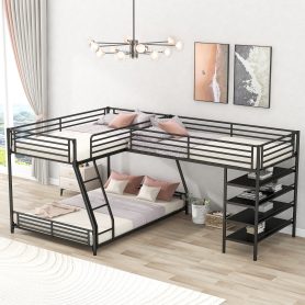 L-Shaped Metal Twin over Full Bunk Bed and Twin Size Loft Bed with Four Built-in Shelves