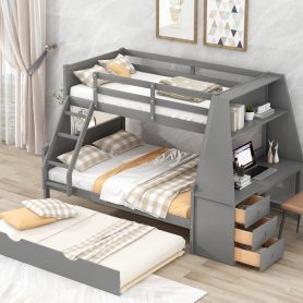 Twin over Full Bunk Bed with Trundle and Built-in Desk, Three Storage Drawers and Shelf