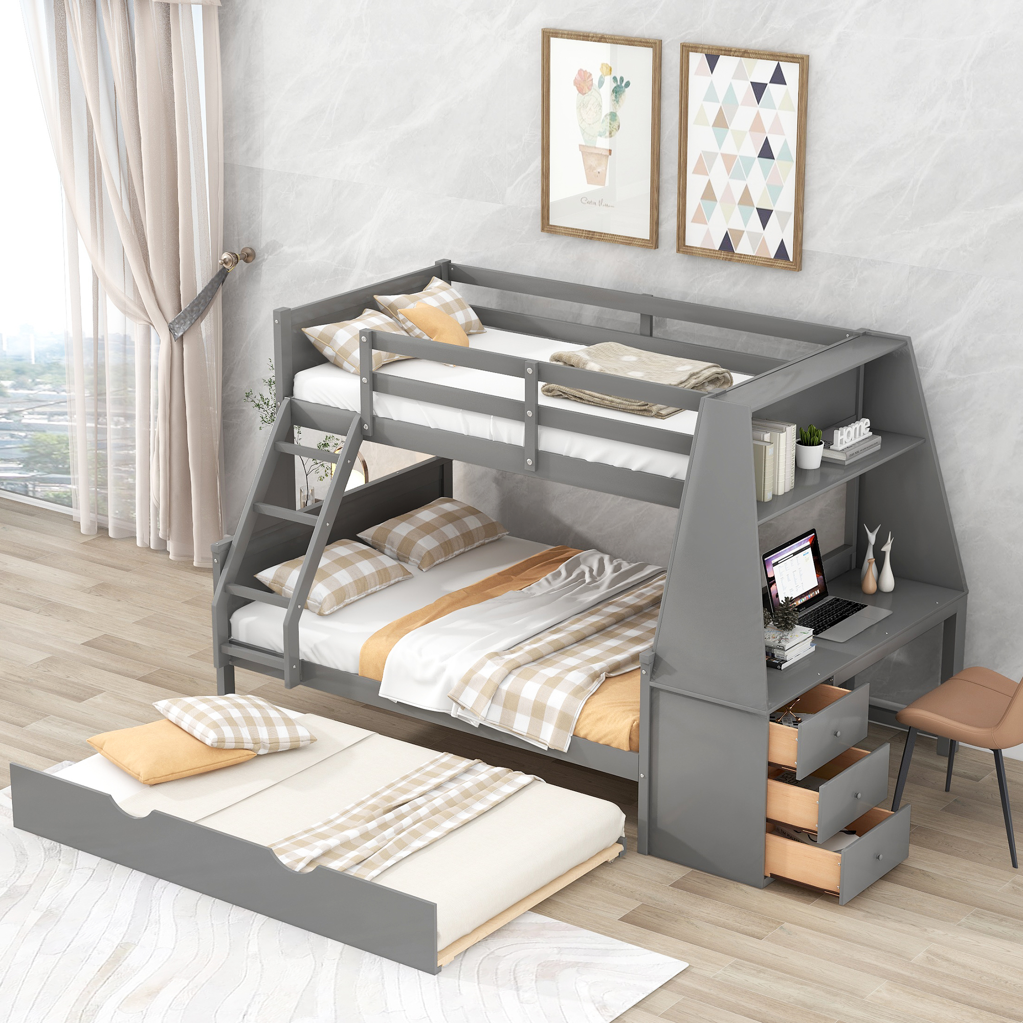 Twin over Full Bunk Bed with Trundle and Built-in Desk, Three Storage Drawers and Shelf