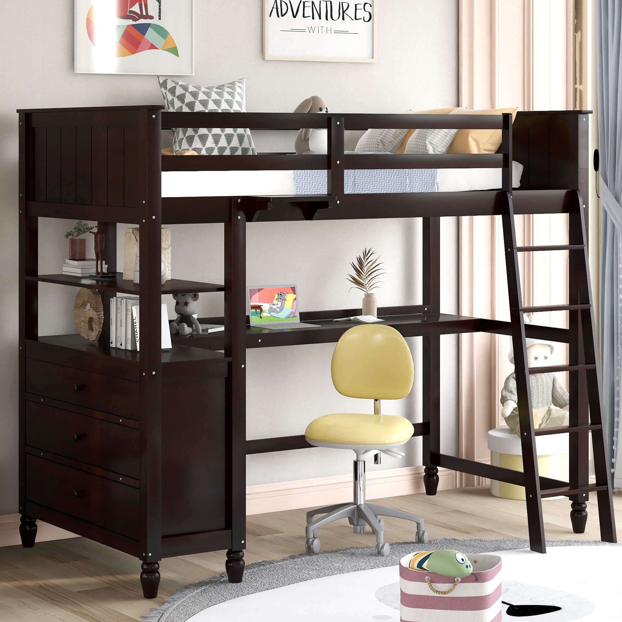 Wooden Twin Size Loft Bed with Drawers, Desk, and Shelves