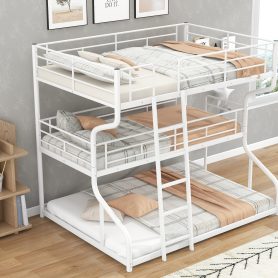 Full XL over Twin XL over Queen Size Triple Bunk Bed with Long and Short Ladder