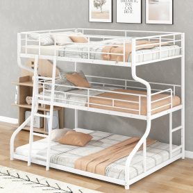 Full XL over Twin XL over Queen Size Triple Bunk Bed with Long and Short Ladder