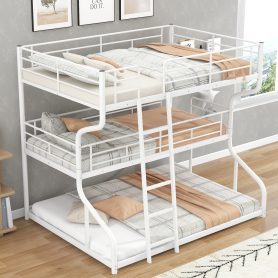 Full XL over Twin XL over Queen Size Triple Bunk Bed with Long and Short Ladder