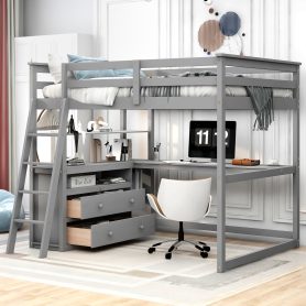 Full Size Loft Bed With Desk And Shelves, Two Built-in Drawers