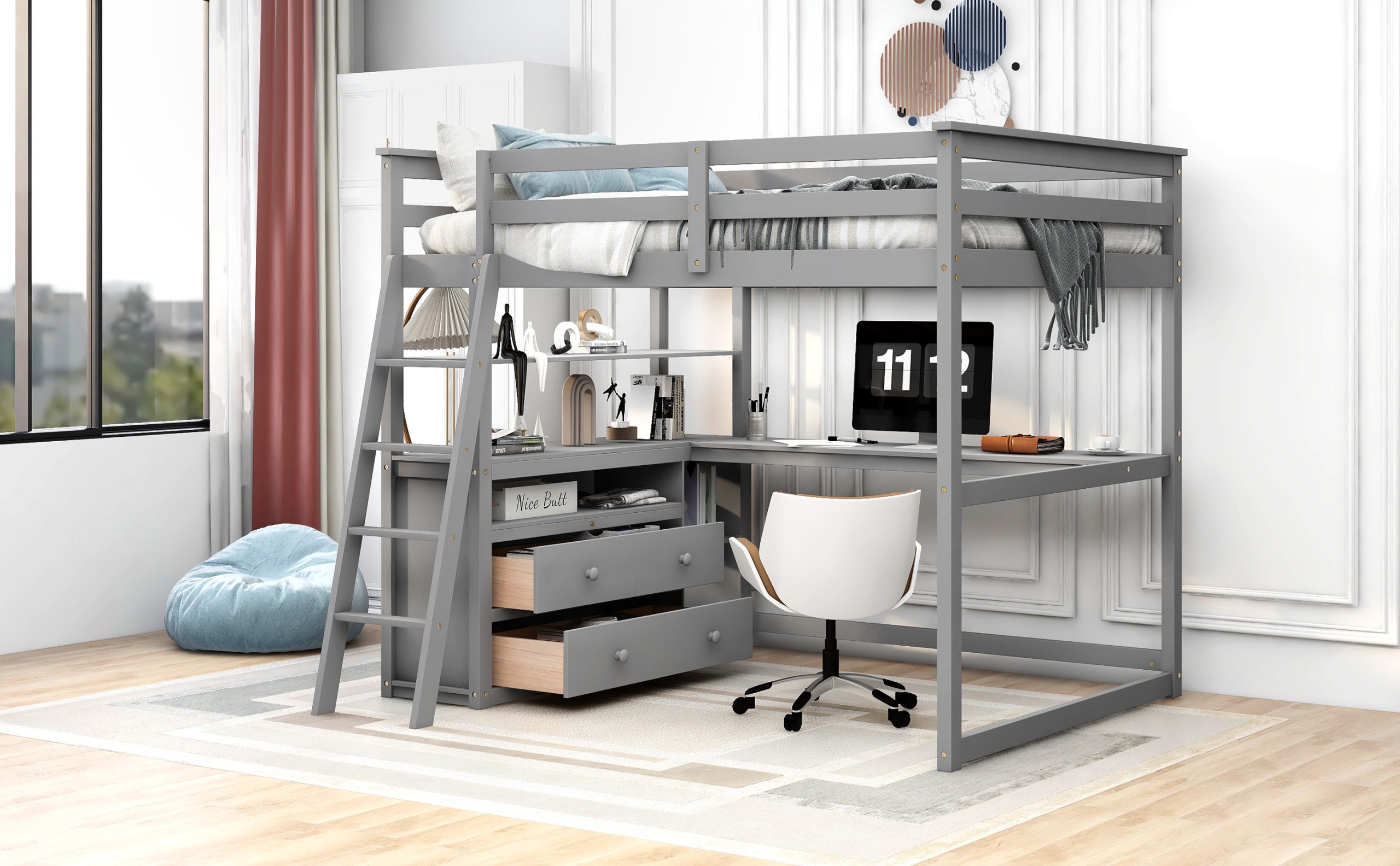 Full Size Loft Bed With Desk And Shelves, Two Built-in Drawers 6 Full Size Loft Bed With Desk And Shelves, Two Built-in Drawers