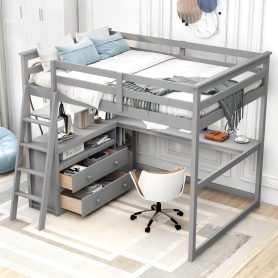 Full Size Loft Bed With Desk And Shelves, Two Built-in Drawers 18 Full Size Loft Bed With Desk And Shelves, Two Built-in Drawers