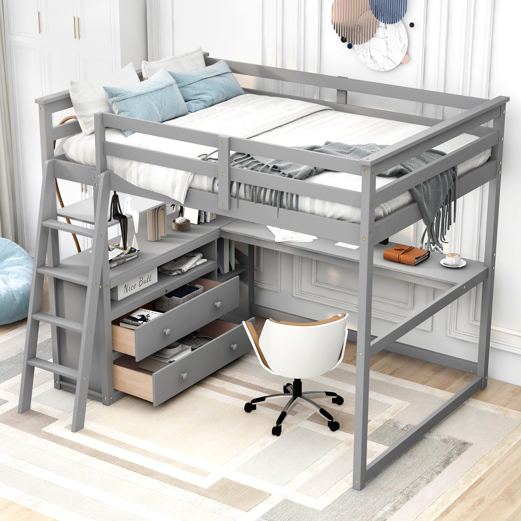 Full Size Loft Bed With Desk And Shelves, Two Built-in Drawers 4 Full Size Loft Bed With Desk And Shelves, Two Built-in Drawers