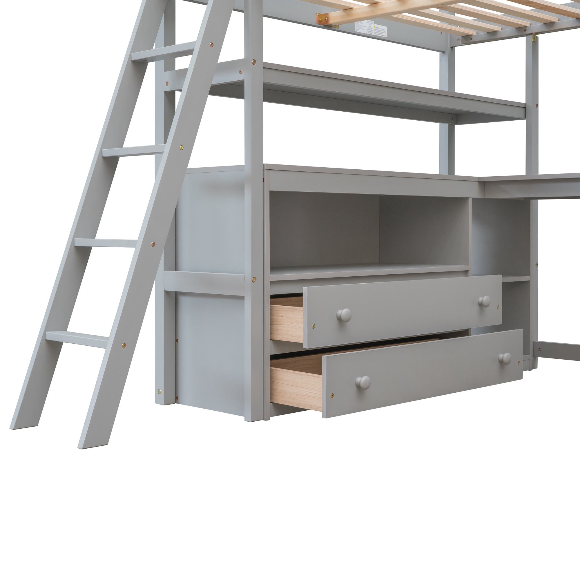 Full Size Loft Bed With Desk And Shelves, Two Built-in Drawers 9 Full Size Loft Bed With Desk And Shelves, Two Built-in Drawers