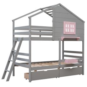 Twin Over Twin Bunk Bed With 2 Drawers, 1 Storage Box, 1 Shelf, Window And Roof 22 Twin Over Twin Bunk Bed With 2 Drawers, 1 Storage Box, 1 Shelf, Window And Roof