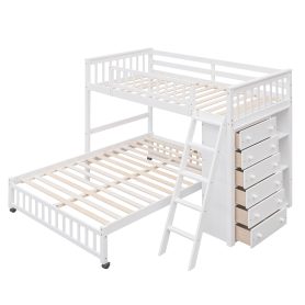 Twin Over Full Bunk Bed With Six Drawers And Flexible Shelves, Bottom Bed With Wheels