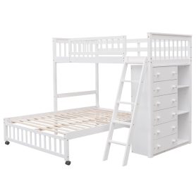 Twin Over Full Bunk Bed With Six Drawers And Flexible Shelves, Bottom Bed With Wheels
