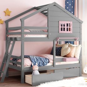 Twin Over Twin Bunk Bed With 2 Drawers, 1 Storage Box, 1 Shelf, Window And Roof 19 Twin Over Twin Bunk Bed With 2 Drawers, 1 Storage Box, 1 Shelf, Window And Roof