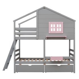 Twin Over Twin Bunk Bed With 2 Drawers, 1 Storage Box, 1 Shelf, Window And Roof 21 Twin Over Twin Bunk Bed With 2 Drawers, 1 Storage Box, 1 Shelf, Window And Roof