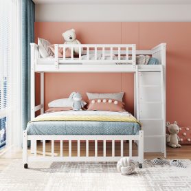 Twin Over Full Bunk Bed With Six Drawers And Flexible Shelves, Bottom Bed With Wheels