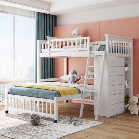 Twin Over Full Bunk Bed With Six Drawers And Flexible Shelves, Bottom Bed With Wheels