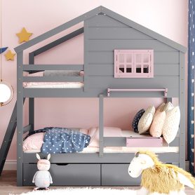 Twin Over Twin Bunk Bed With 2 Drawers, 1 Storage Box, 1 Shelf, Window And Roof 20 Twin Over Twin Bunk Bed With 2 Drawers, 1 Storage Box, 1 Shelf, Window And Roof