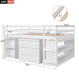 Low Study Full Loft Bed with Cabinet ,Shelves and Rolling Portable Desk