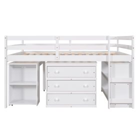 Low Study Full Loft Bed with Cabinet ,Shelves and Rolling Portable Desk