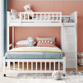 Twin Over Full Bunk Bed With Six Drawers And Flexible Shelves, Bottom Bed With Wheels