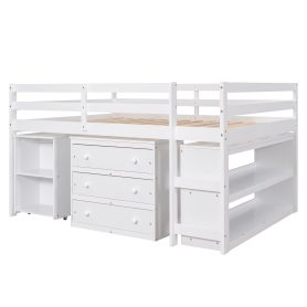Low Study Full Loft Bed with Cabinet ,Shelves and Rolling Portable Desk