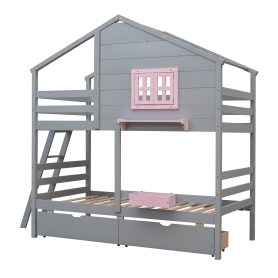 Twin Over Twin Bunk Bed With 2 Drawers, 1 Storage Box, 1 Shelf, Window And Roof 23 Twin Over Twin Bunk Bed With 2 Drawers, 1 Storage Box, 1 Shelf, Window And Roof