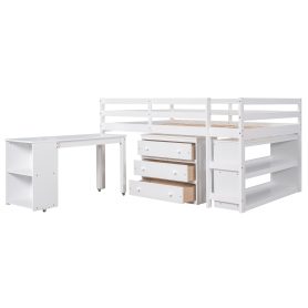 Low Study Full Loft Bed with Cabinet ,Shelves and Rolling Portable Desk