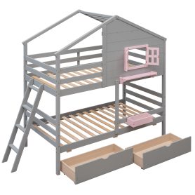 Twin Over Twin Bunk Bed With 2 Drawers, 1 Storage Box, 1 Shelf, Window And Roof 25 Twin Over Twin Bunk Bed With 2 Drawers, 1 Storage Box, 1 Shelf, Window And Roof