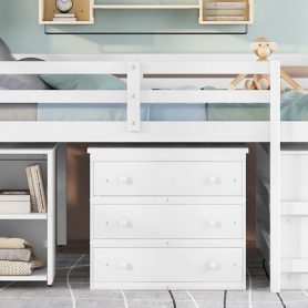 Low Study Full Loft Bed with Cabinet ,Shelves and Rolling Portable Desk