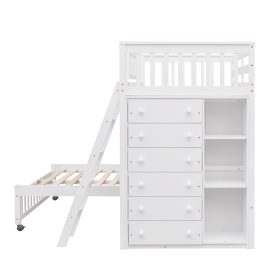 Twin Over Full Bunk Bed With Six Drawers And Flexible Shelves, Bottom Bed With Wheels