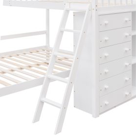 Twin Over Full Bunk Bed With Six Drawers And Flexible Shelves, Bottom Bed With Wheels