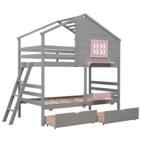 Twin Over Twin Bunk Bed With 2 Drawers, 1 Storage Box, 1 Shelf, Window And Roof 24 Twin Over Twin Bunk Bed With 2 Drawers, 1 Storage Box, 1 Shelf, Window And Roof