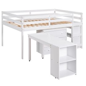 Low Study Full Loft Bed with Cabinet ,Shelves and Rolling Portable Desk