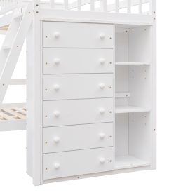 Twin Over Full Bunk Bed With Six Drawers And Flexible Shelves, Bottom Bed With Wheels