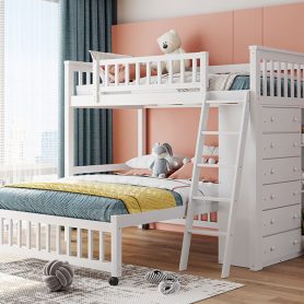 Twin Over Full Bunk Bed With Six Drawers And Flexible Shelves, Bottom Bed With Wheels