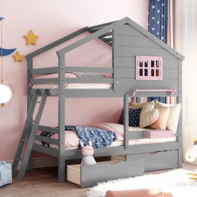 Twin Over Twin Bunk Bed With 2 Drawers, 1 Storage Box, 1 Shelf, Window And Roof