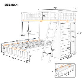 Twin Over Full Bunk Bed With Six Drawers And Flexible Shelves, Bottom Bed With Wheels