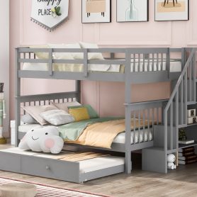 Stairway Full-Over-Full Bunk Bed with Twin size Trundle, Storage and Guard Rail