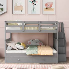 Stairway Full-Over-Full Bunk Bed with Twin size Trundle, Storage and Guard Rail