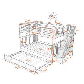 Stairway Full-Over-Full Bunk Bed with Twin size Trundle, Storage and Guard Rail