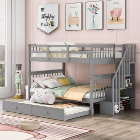 Stairway Full-Over-Full Bunk Bed with Twin size Trundle, Storage and Guard Rail