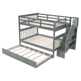 Stairway Full-Over-Full Bunk Bed with Twin size Trundle, Storage and Guard Rail