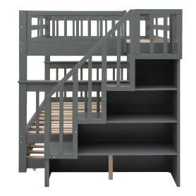 Stairway Full-Over-Full Bunk Bed with Twin size Trundle, Storage and Guard Rail