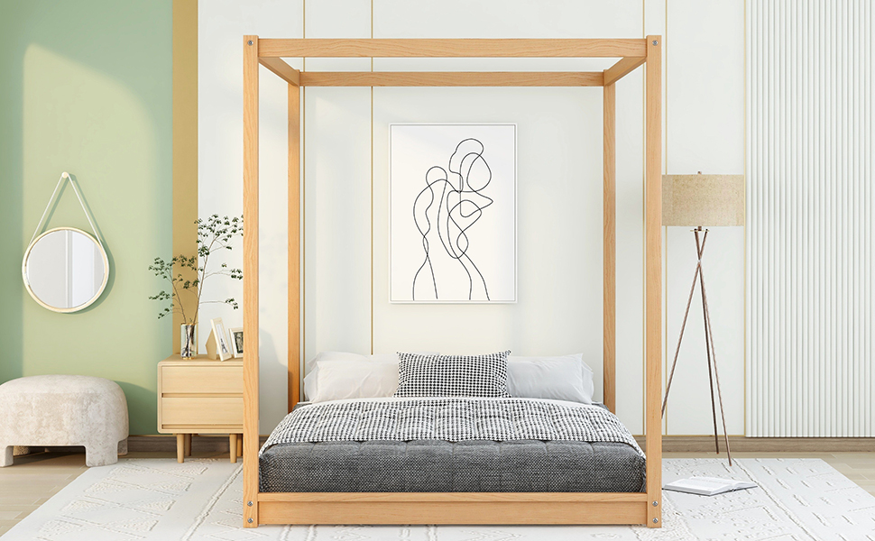 Queen Size Canopy Low Bed with Support Legs