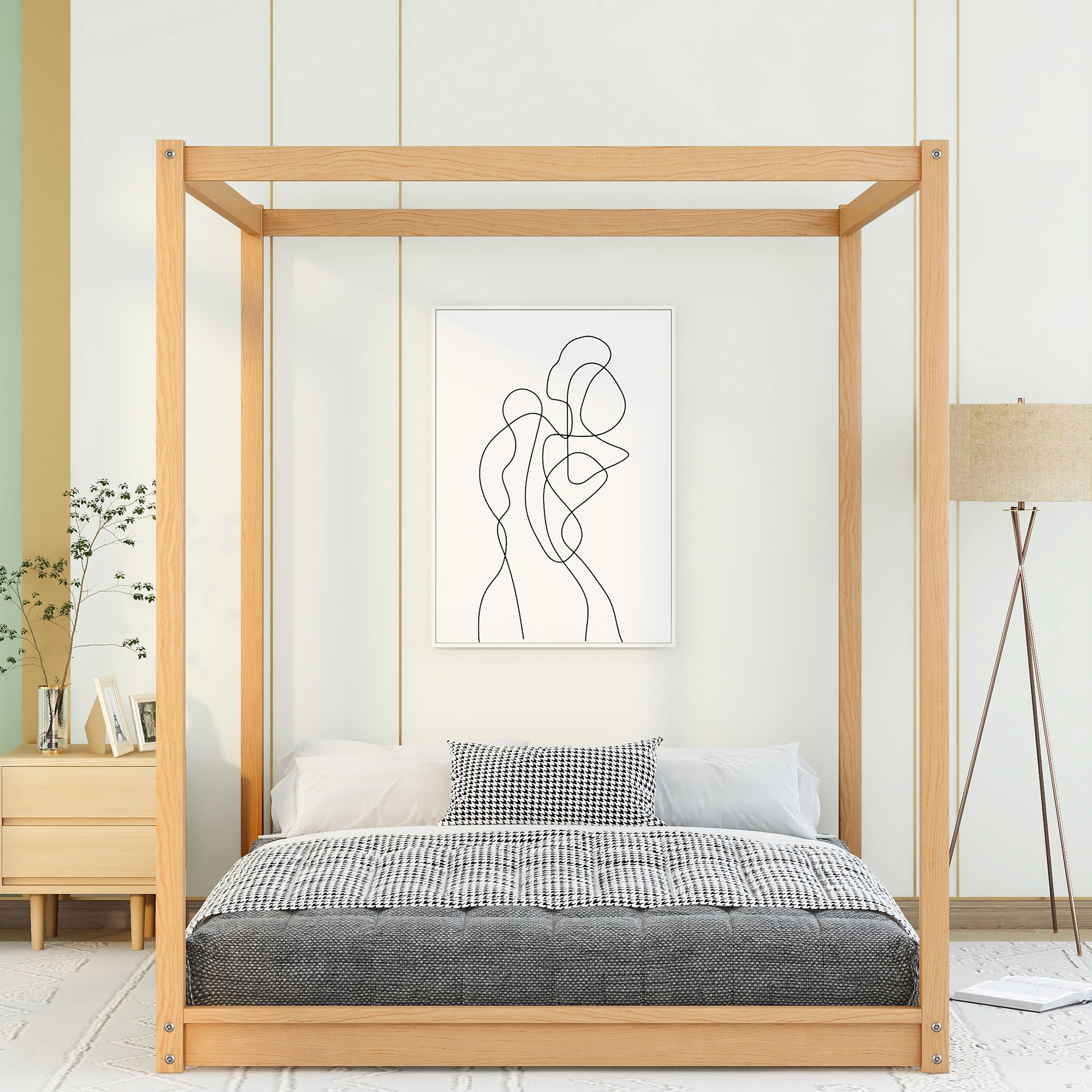 Queen Size Canopy Low Bed with Support Legs