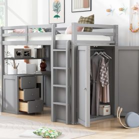 Twin Size Loft Bed With Drawers, Desk and Wardrobe